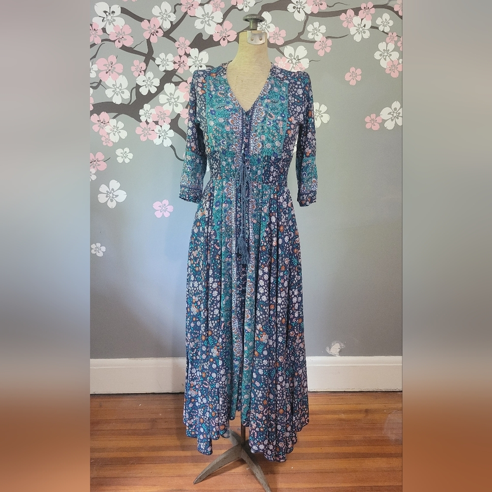 Floral V-Neck Maxi Dress in Teal & Navy
